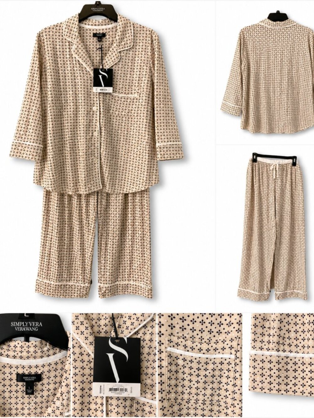 Simply Vera Vera Wang Pajama Set Women s M Beige Black Print 2 Pc NWT Lounge